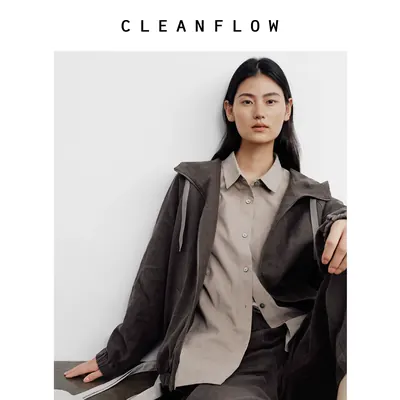 CLEANFLOW | 重磅亚麻抽绳休闲连帽短款夹克外套女2026秋新款上衣