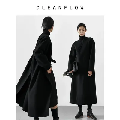CLEANFLOW | 黑色人字线山羊绒羊毛双面呢外套交领中式气质大衣女