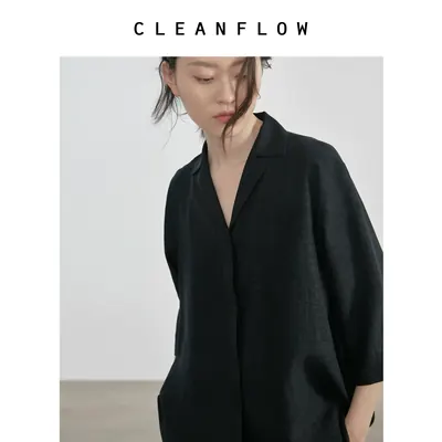 CLEANFLOW | 黑藏青小龟纹香云纱莨绸古巴领早春真丝衬衫女高级感