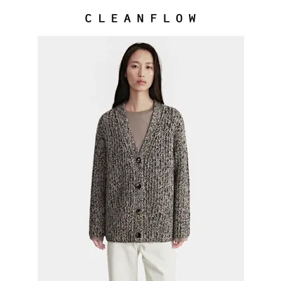 CLEANFLOW | 米石灰粗棒山羊绒针织开衫女高级感2026秋季新款外套