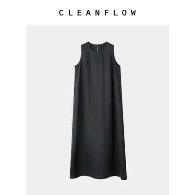 CLEANFLOW | 重磅亚麻米色无袖背心连衣裙女小个子2026夏新款裙子