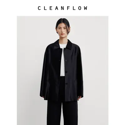 CLEANFLOW | 黑色丝毛缎翻领中长气质西装外套女2026秋新款上衣