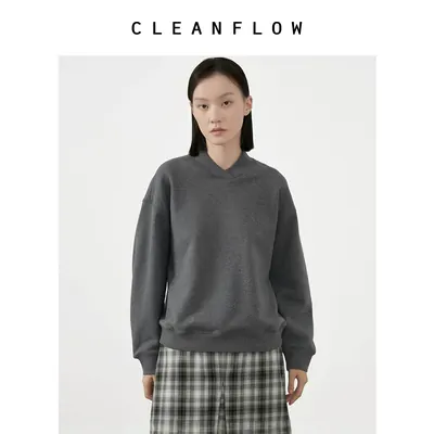 CLEANFLOW | 深灰色精梳棉休闲宽松套头卫衣女高级感简约秋季上衣