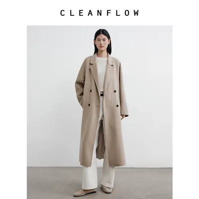 CLEANFLOW | 桑蚕丝羊毛西装领双排扣毛呢外套女2026冬季新款大衣