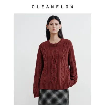 CLEANFLOW | 圆领绞花复古粗棒针毛衣女高级感2026秋冬新款针织衫