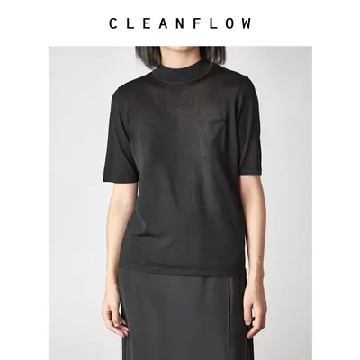 CLEANFLOW | 黑色超细美利奴羊毛薄款夏季针织中短袖T恤短款女