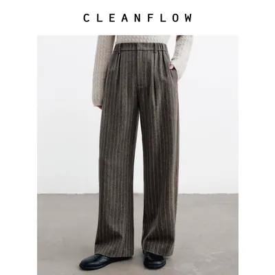 CLEANFLOW | 灰色条纹法兰毛呢西装裤女高级感2026冬新款百搭裤子