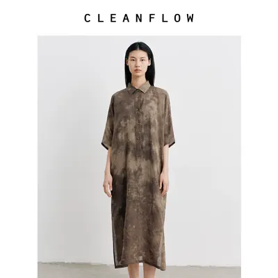 CLEANFLOW云游系列 | 100%纯苎麻艺术感扎染中式衬衫领连衣裙女