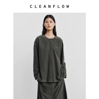 CLEANFLOW | 砂洗丝棉圆领套头衬衫女高级感2026秋季新款气质衬衣