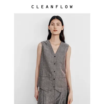 CLEANFLOW | 檀木棕高端亚麻羊毛V领马甲2026秋新款气质时尚上衣