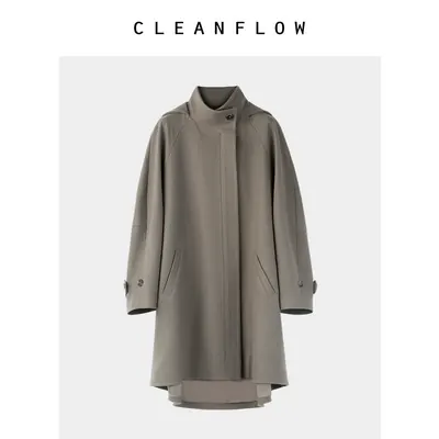 CLEANFLOW | 立领连帽中长气质毛呢外套女高级感2026冬新款大衣