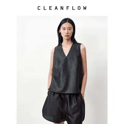 CLEANFLOW | 重磅真丝香云纱莨绸V领背心黑色开衩马甲外穿基本款