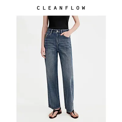 CLEANFLOW 精粹系列|【蓝牛】复古水洗蓝弹力棉直筒裤女牛仔长裤