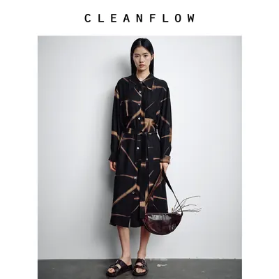 CLEANFLOW | 龟甲纹提花香云纱翻领衬衫式连衣裙女2026秋新款裙子