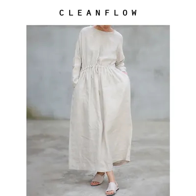 CLEANFLOW | 烫金亚麻连肩袖褶裥抽绳收皱收腰圆领纯色宽松连衣裙