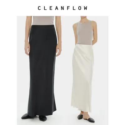 CLEANFLOW | 30姆米砂洗重缎桑蚕真丝黑色通勤开衩半身裙女高级感