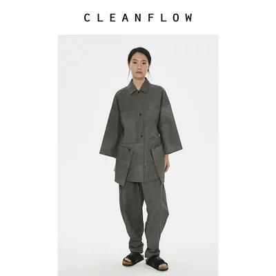 CLEANFLOW | 水泥灰炒色长绒棉七分袖小众衬衫女设计感2026秋新款