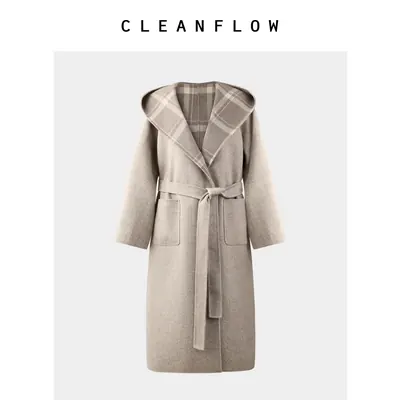 【两面穿】CLEANFLOW | 米色格子连帽系带毛呢外套2026冬新款大衣