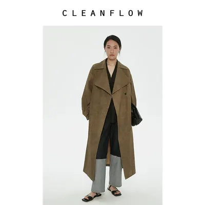 CLEANFLOW | 卡其高支长绒棉翻领宽松风衣女小个子2026秋新款外套