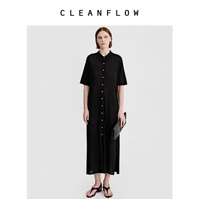 CLEANFLOW | 1/55Nm醋酸棉翻领开襟针织连衣裙女高级感2026秋新款