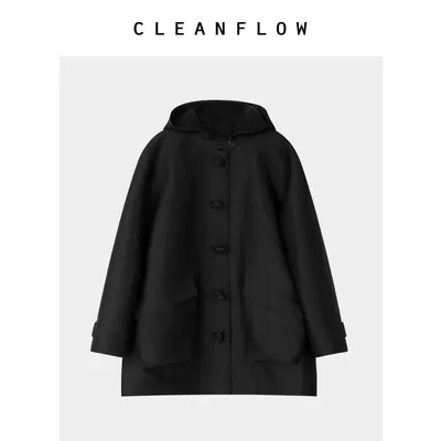 CLEANFLOW | 黑色丝毛连帽盘扣中式棉服女小个子2026秋季新款外套