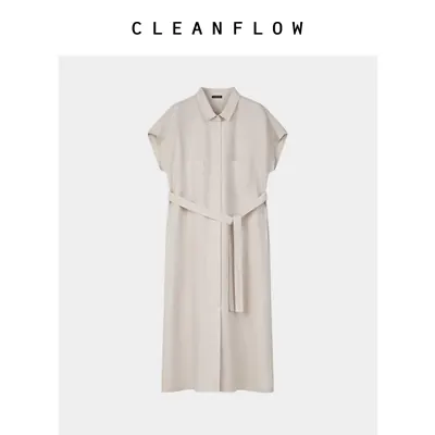 CLEANFLOW | 米灰100%纯汉麻工装衬衫中式连衣裙女2026夏新款裙子