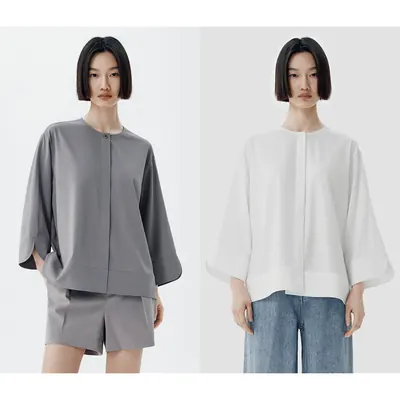 CLEANFLOW | 弹力建宏绉花瓣袖中式衬衫女高级感2026秋季新款衬衣