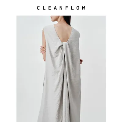 CLEANFLOW | 皱感肌理桑蚕真丝扭结立体裁剪无袖A型中长连衣裙