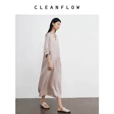 CLEANFLOW精粹系列 | 灰粉真丝圆领花苞袖连衣裙女2026秋新款裙子