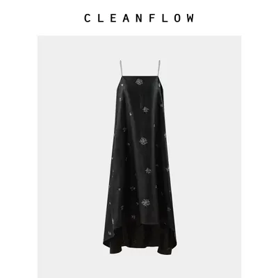 CLEANFLOW云游系列 | 纯手工香云纱百子莲刺绣花莨绸吊带连衣裙女
