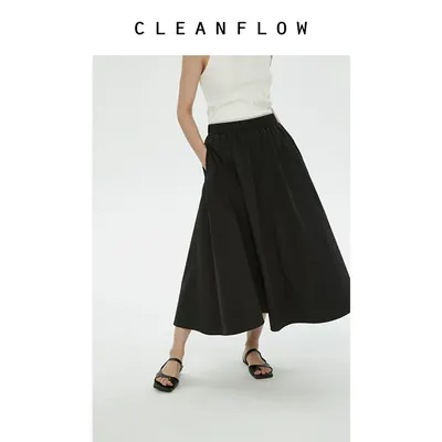 CLEANFLOW | 赫本风黑色水洗尼龙混纺棉轻薄中长伞裙半身裙女秋
