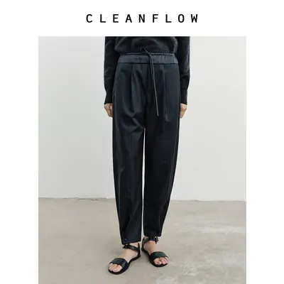 CLEANFLOW少年感系列 | 色织精纺羊毛真丝拼接条纹束脚休闲裤子女