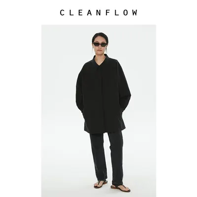 CLEANFLOW | 黑色桑蚕丝亚麻匹马棉交织盆领小A型宽松衬衫式外套