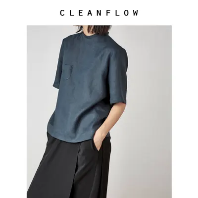 CLEANFLOW | 黛青酵素水洗亚麻圆领五分袖中式T恤女2026夏季新款