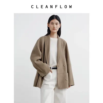 CLEANFLOW | 手工山羊绒羊毛青果领双面毛呢外套女2026冬新款大衣