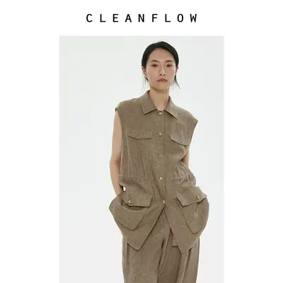 CLEANFLOW | 法国进口冰淇淋色织亚麻中长狩猎马甲外套2026秋新款