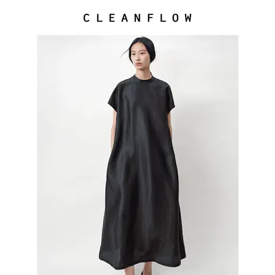 CLEANFLOW | 真丝手工平板纹香云纱T恤式连衣裙女2026夏新款裙子