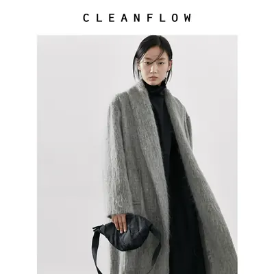 CLEANFLOW | 灰韵流苏马海毛纯手工毛呢外套女高级感2026新款大衣