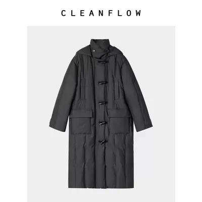 CLEANFLOW | 深灰复古牛角扣鹅绒中长款羽绒服外套女2026新款袄子