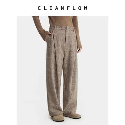 CLEANFLOW | 彩点灰羊毛粗花呢锥形休闲裤宽松九分复古西裤女秋季