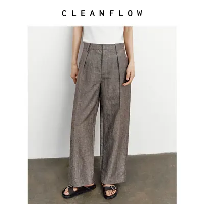 CLEANFLOW | 檀木棕亚麻羊毛直筒休闲西裤女小个子2026秋新款裤子