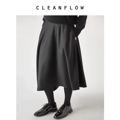 CLEANFLOW | 黑色精纺羊毛不规则下摆垂感伞形半身裙女2026秋新款