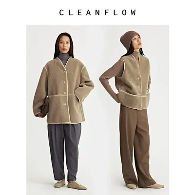 CLEANFLOW | 澳洲进口美利奴绵羊皮毛一体瓣领毛呢外套女秋冬新款