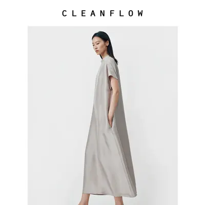 CLEANFLOW | 夏季垂顺感双宫绸桑蚕丝立领连肩短袖超长真丝连衣裙