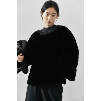 CLEANFLOW | 黑色金丝绒短款圆领套头中式面包服2026冬新款羽绒服
