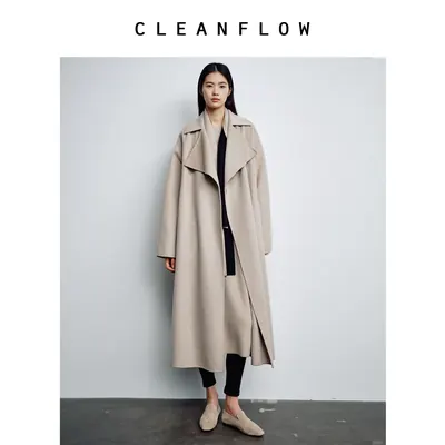 CLEANFLOW | 纯山羊绒手工双面毛呢外套女吹叶翻领长款气质感大衣