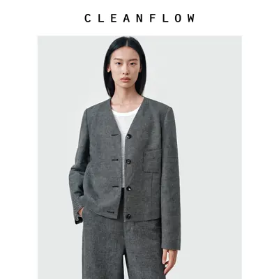 CLEANFLOW | 色织棉麻斜纹v领短外套女小个子2026秋新款气质上衣