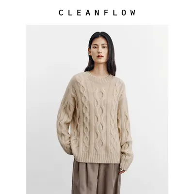 CLEANFLOW | 圆领绞花复古粗棒针毛衣女高级感2026冬季新款针织衫