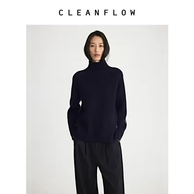 CLEANFLOW | 山羊绒混灰藏青拼撞色粗棒针高领毛衣加厚秋冬季新款