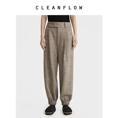 CLEANFLOW | 彩点灰羊毛粗花呢宽腰束脚休闲裤女高级感2026秋新款
